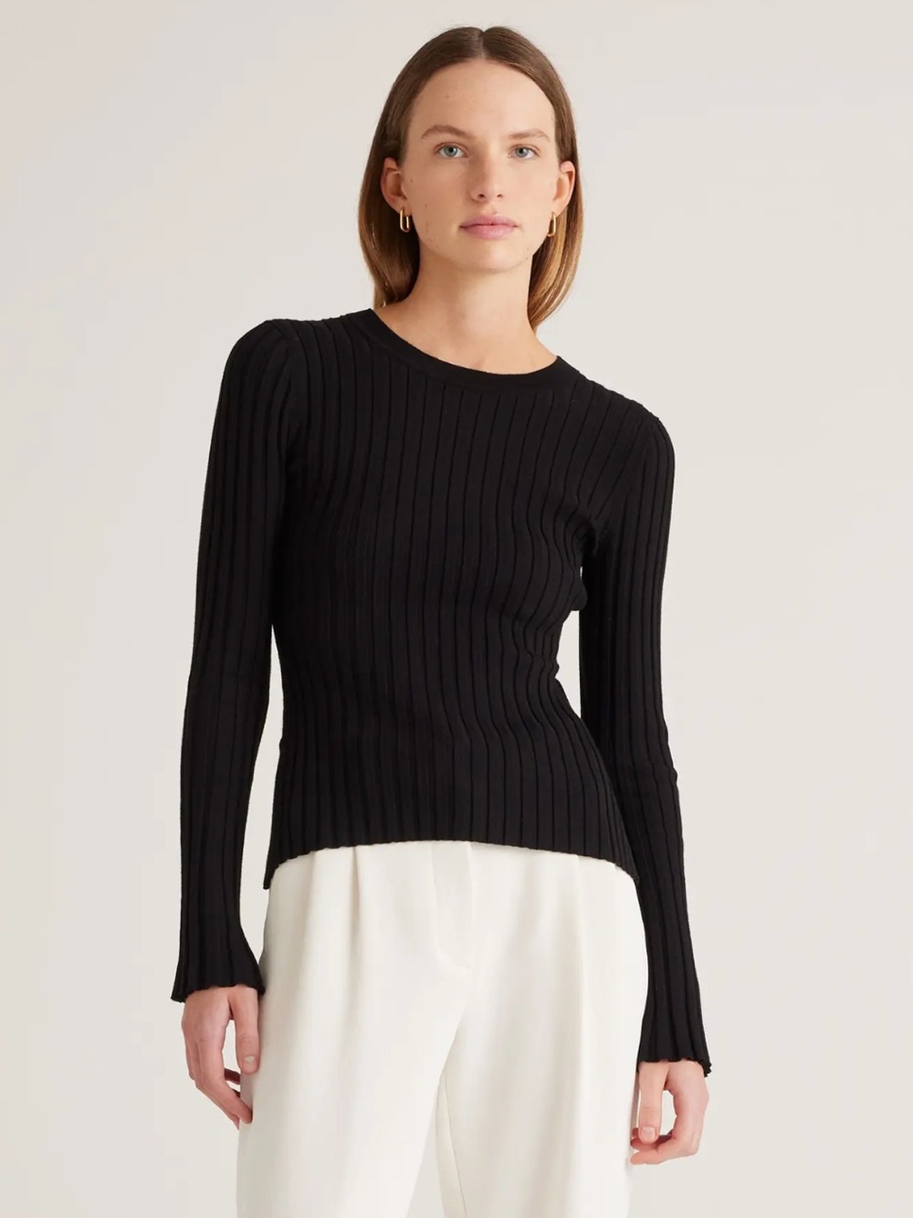 Quince Cotton Cashmere Ribbed Crewneck Long-Sleeve Top in Black (M)